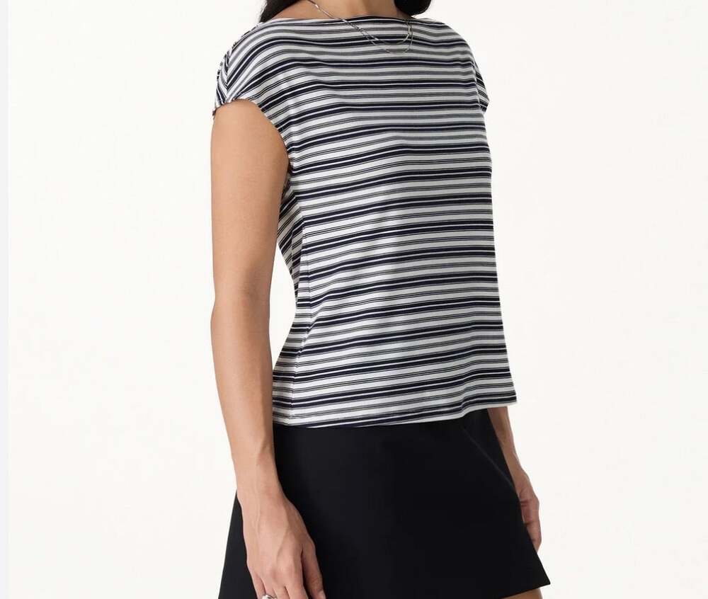 OGL Move Navy White Stripe Short Sleeve Casual Tee Shirt Top Women Size M